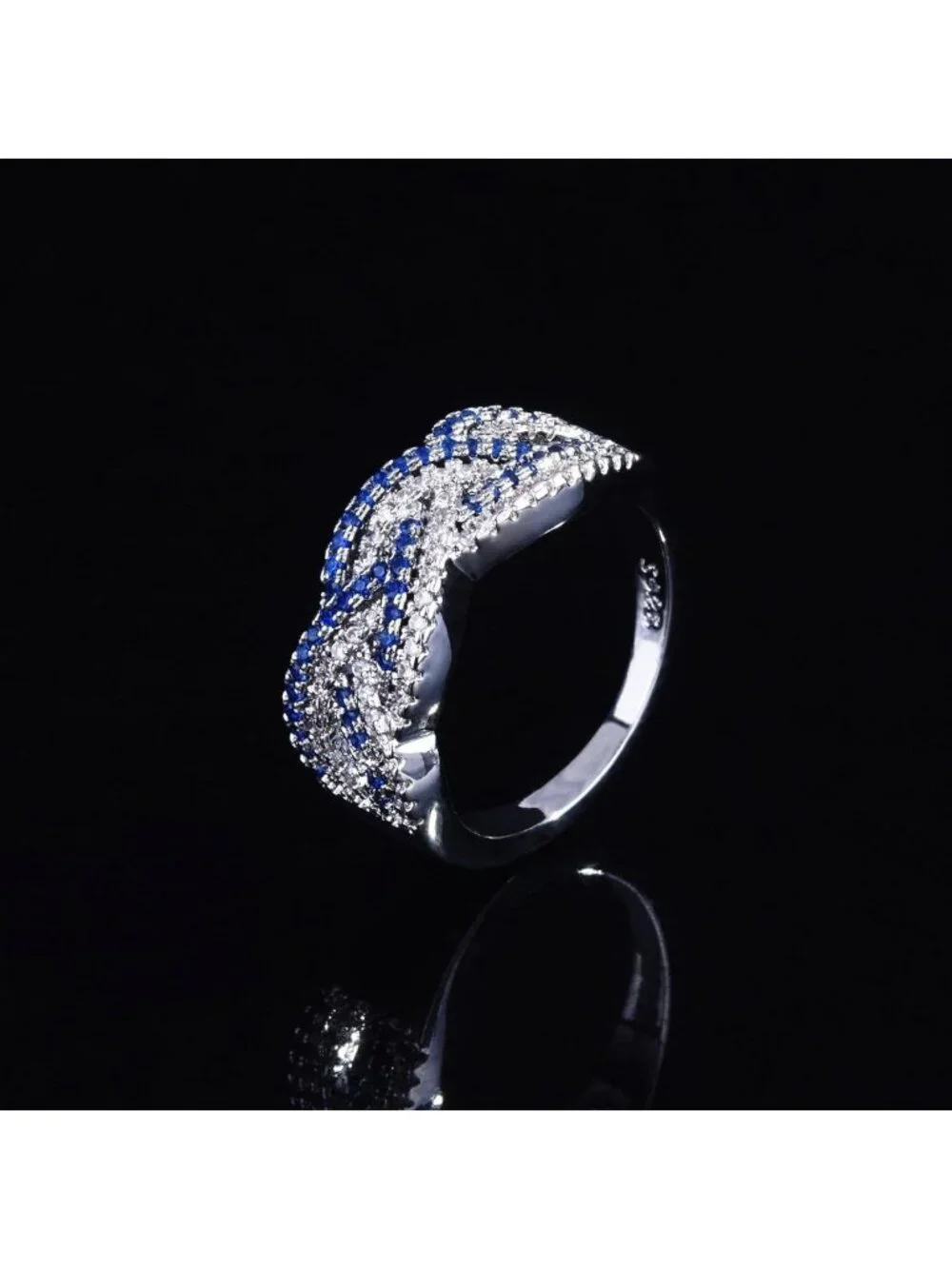 Shiny 925 Sterling Silver Diamond & Sapphire Cocktail Ring, Eternity Wedding